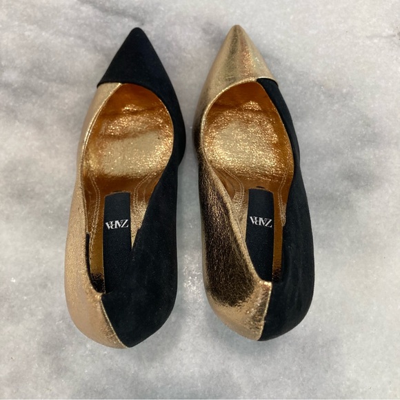 ZARA Black Suede Gold Metallic Foil Heels - Picture 11 of 11